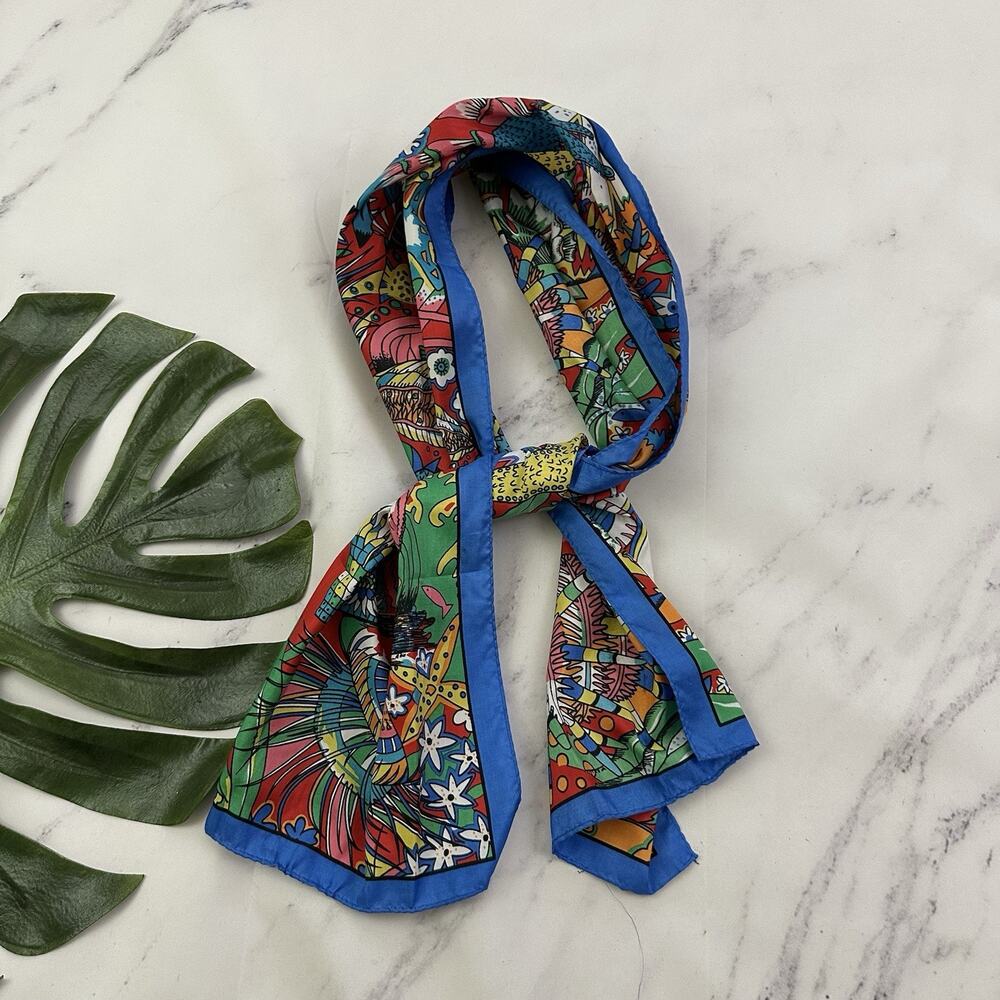 Vintage 90s Womens Coral Reef Print Scarf Blue Red Colorful Nautical Ocean